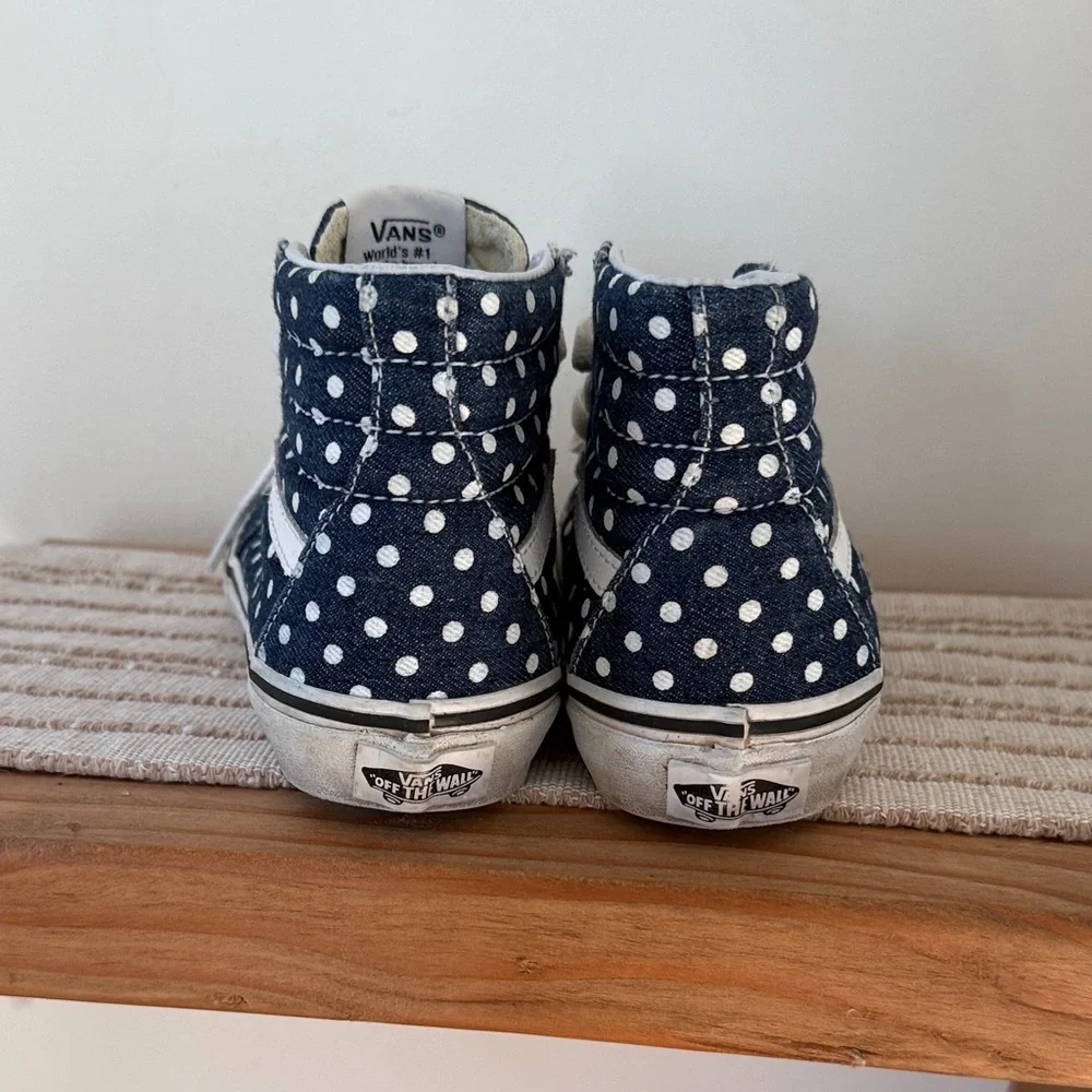 Vans Kids' denim navy and White Polka Dot Sneakers size 1 kids youth high top